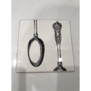 Pier 1 Trivet Ceramic Tile Antique Silverware Spoons Black Image on White 7" sq